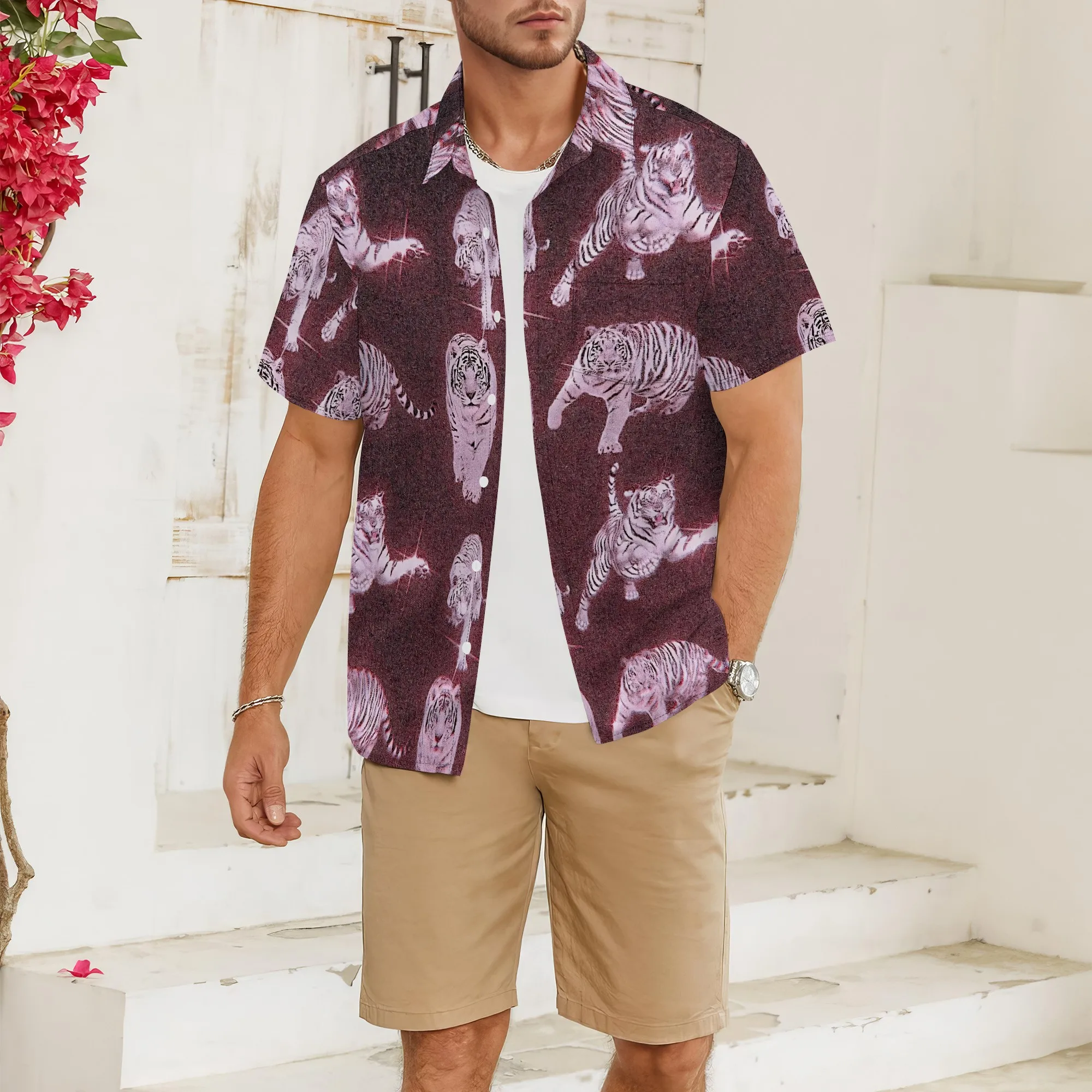 YEAE Men's Black Floral Printed Shirt 100% Cotton Short Sleeve Casual Summer Trendy Stylish Design