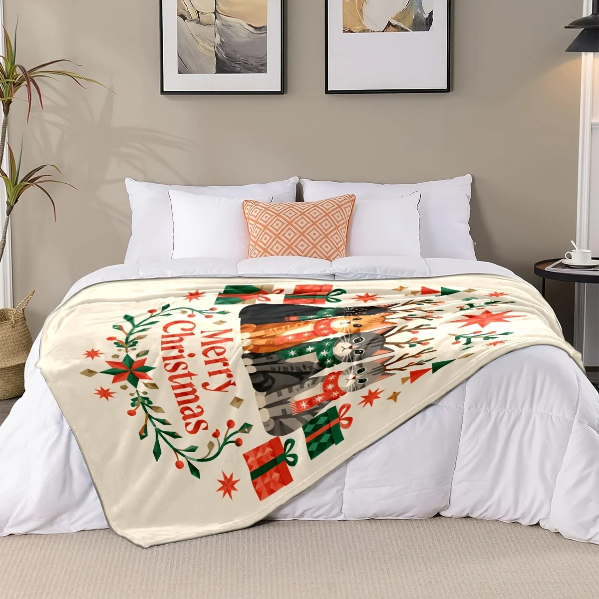 Christmas Cat Flannel Throw Blanket, Antler Kitten Merry Christmas Gift Soft Blanket for Couch Bedroom Home Decor Gift Ideas