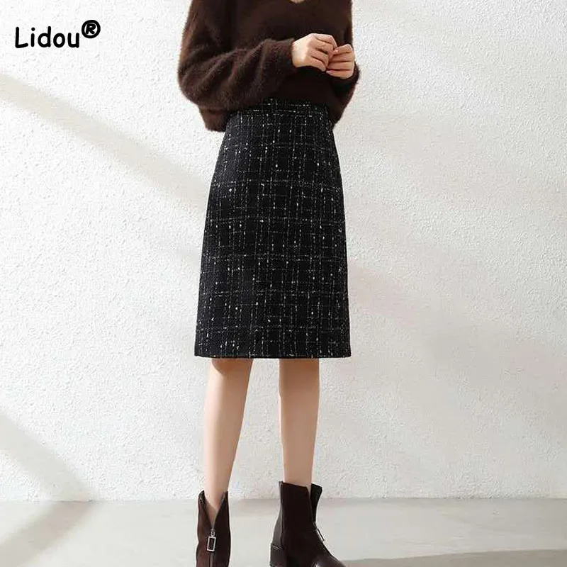 Elegant Women's High Waist Small Fragrance Style Skirt Autumn Winter A-Line Temperament Bag Hip Knee Skirts Female Clothing