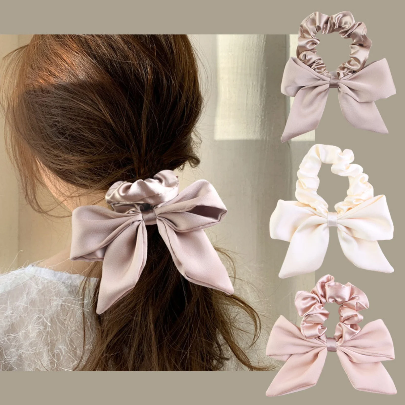 Ensemble de chouchous en Satin avec nœuds, 1 pièce, attaches pour cheveux élégantes avec nœuds, soie douce, comme des accessoires pour cheveux pour femmes, parfait pour les queues de cheval