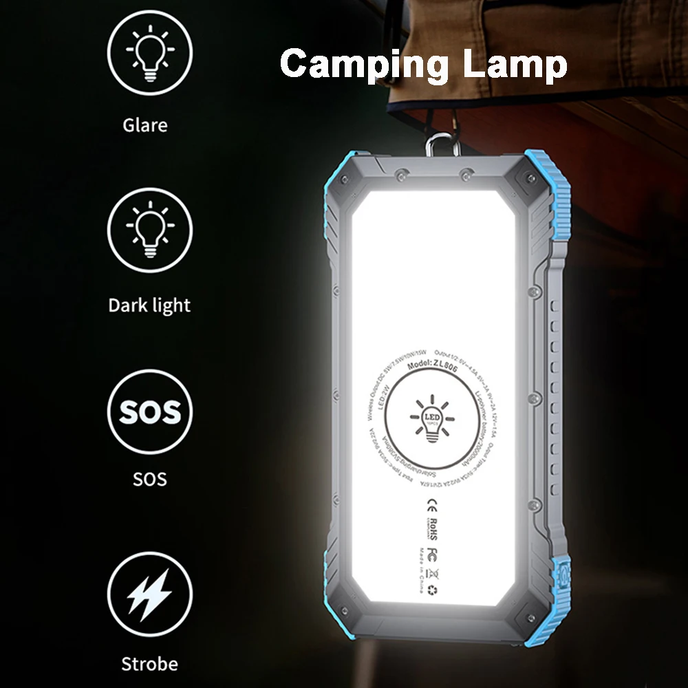 Real Capacity 10000mAh/20000mAh PD22.5W Fast Charging Solar Power Bank with 15W Quick Wireless Charge and Camping Lamp