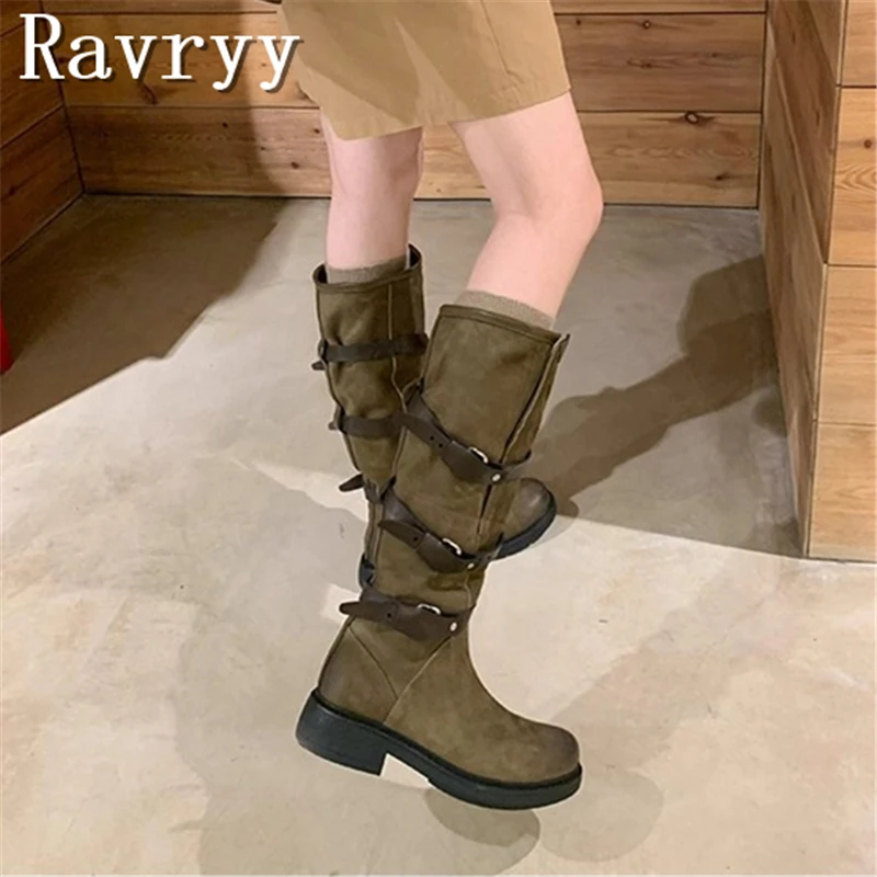 

Designer New Belt Buckle Middle Calf Knight Boots Women Retro Style Chunky Heel Pleated Western Cowboy Boots