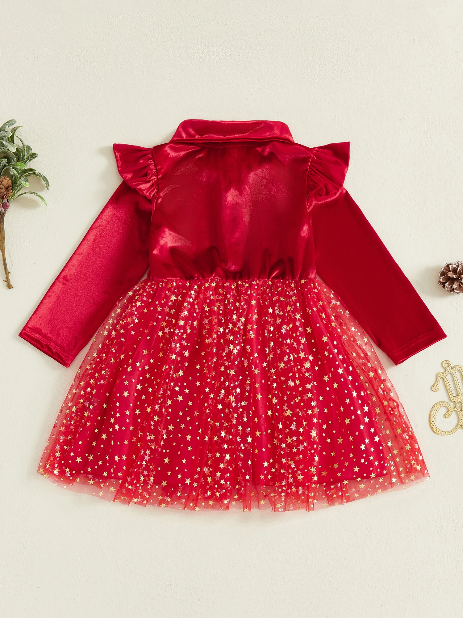 

Рождественское платье для маленьких девочек с лацканами со звездами, длинными рукавами и тюлевым пэчворком — праздничное платье трапециевидной формы для праздников