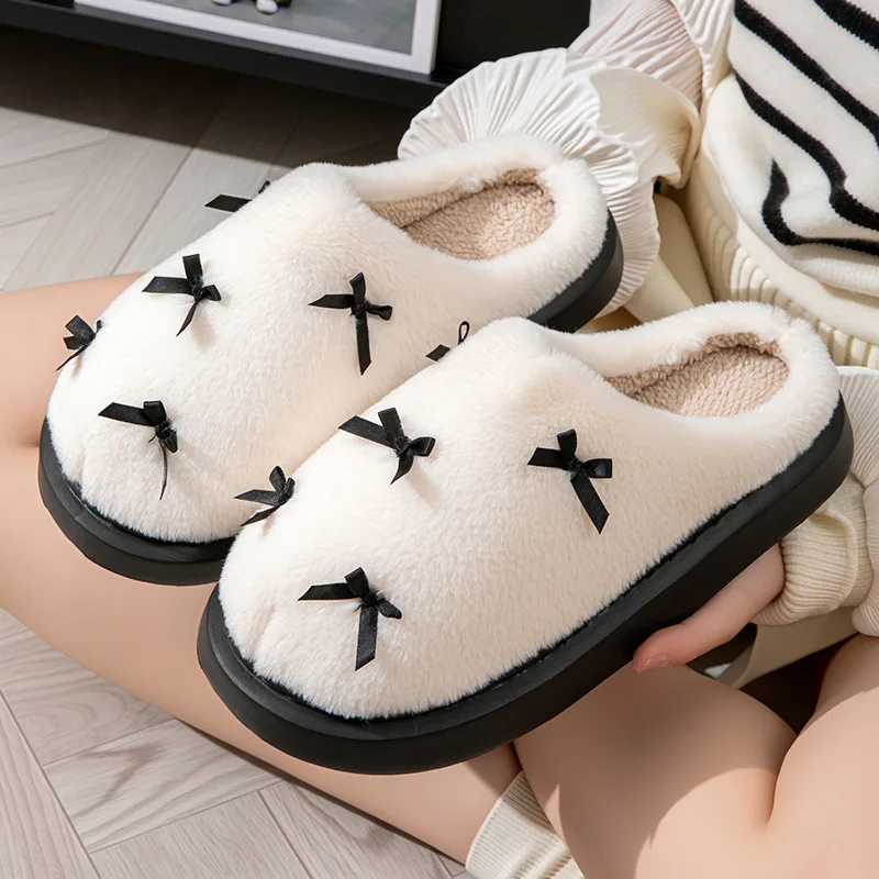 Cotton Slippers for Women 2026 Hot Sale Windproof Soft Plush Couple Slippers Fluffy Slides Bow Winter Warmer Women's Slippers