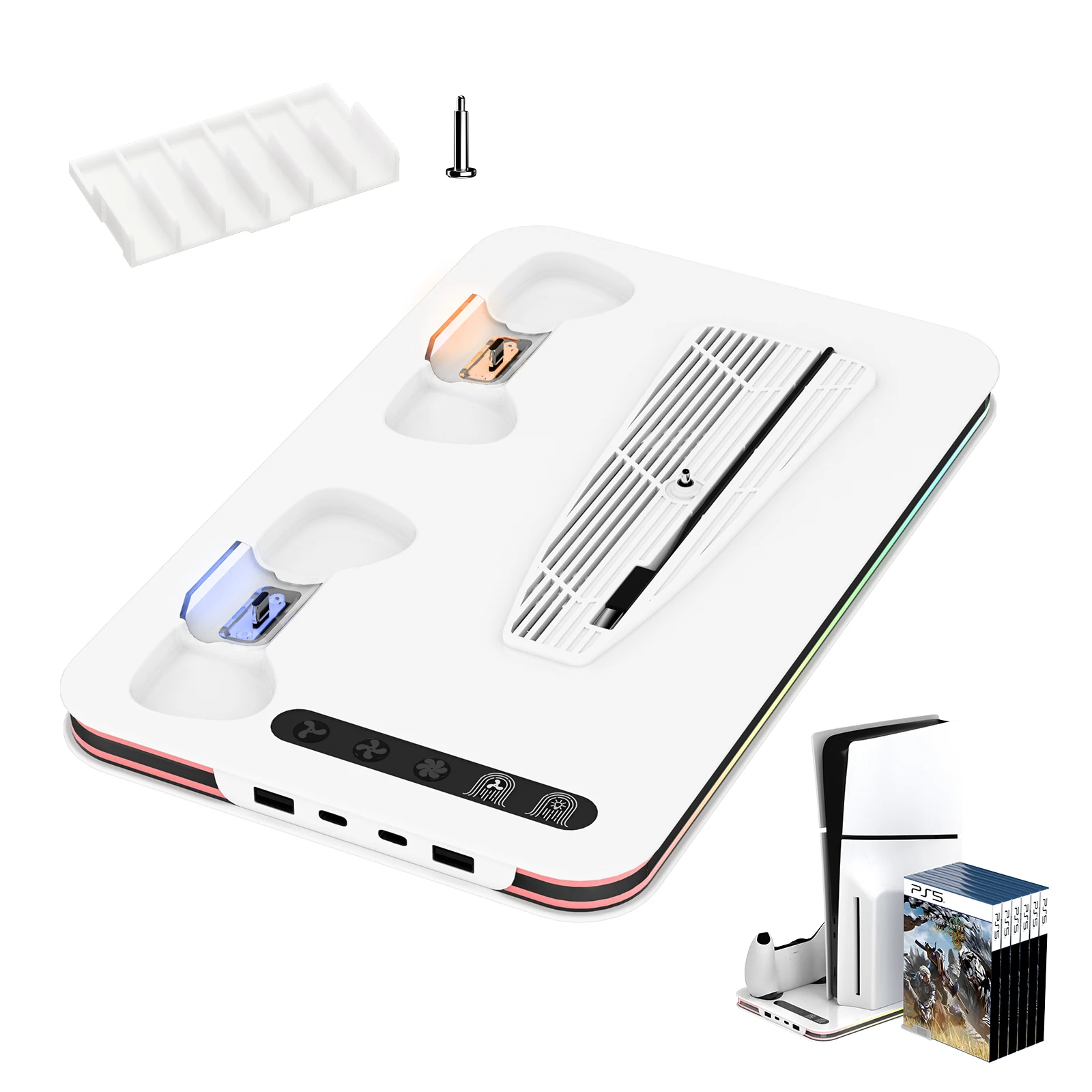 Подставка для Ps5/ps5 Slim/ps5 Pro с охлаждающей подставкой для хранения игровых дисков и зарядной станцией контроллера для Ps5 Вертикальная подставка-холодильник