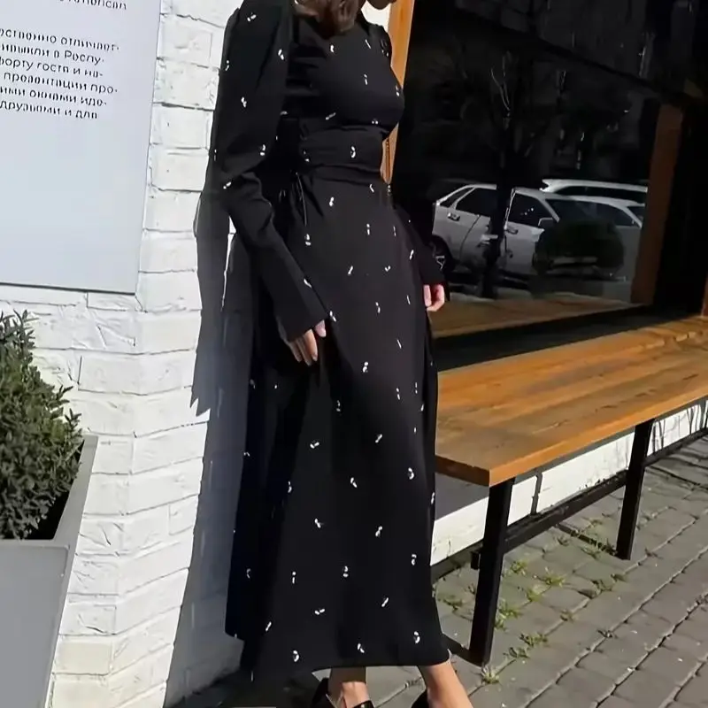 Sukienka damska, nowa jesienna kolekcja, modna, z nadrukiem, długi rękaw, wysoki stan, wiązana, stylowe sukienki damskie