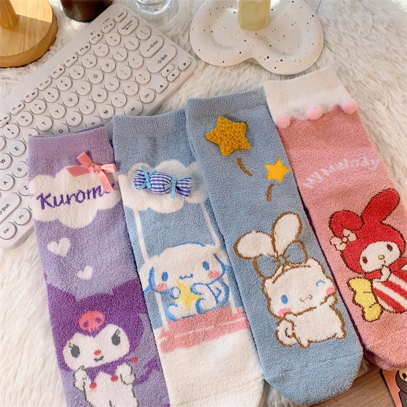 3Pcs Sanrio Winter Style Coral Fleece Female Medium Socks Kawaii Kuromi Cartoon Anti-Odor Thicken Cotton Socks Household Items