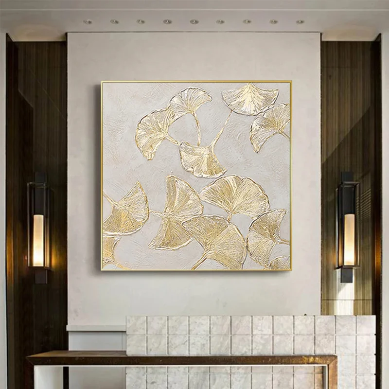 

Square Abstract Gold Foil Painting Ginkgo Leaf Painting Handmade Modern Minimalist Decorative Painting For Living Room Decor