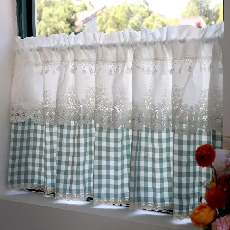 Lace Buffalo Check Curtains Cafe Short Window Curtain Rod Pocket Plaid Gingham Half Tier Curtains for Bedroom Kitchen Home Decor