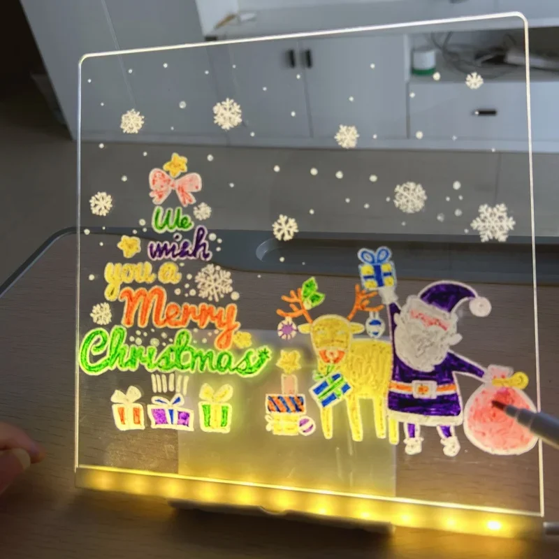 LED Luminous Drawing BOARD ของเล่น Night Light ข้อความหมายเหตุอะคริลิควาด 7 ปากกาสีสัน Erasable Writing สําหรับเด็ก