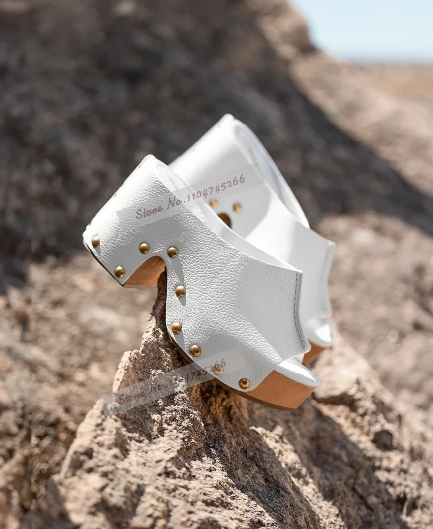 Wooden Chunky Heel Platform Mules Golden Retro Studded White Matte Modern Slippers Slip-On Cork Sole Slides Sandals Dress Shoes
