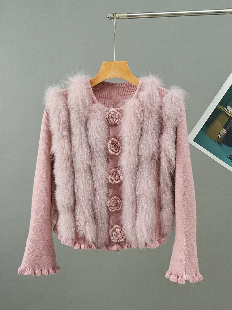 Three-dimensional Flower Real Fox Hair Splicing Sweater Knitted Cardigan Women's 2024 Spring Autumn Slim Flared Sleeve Tops Fur