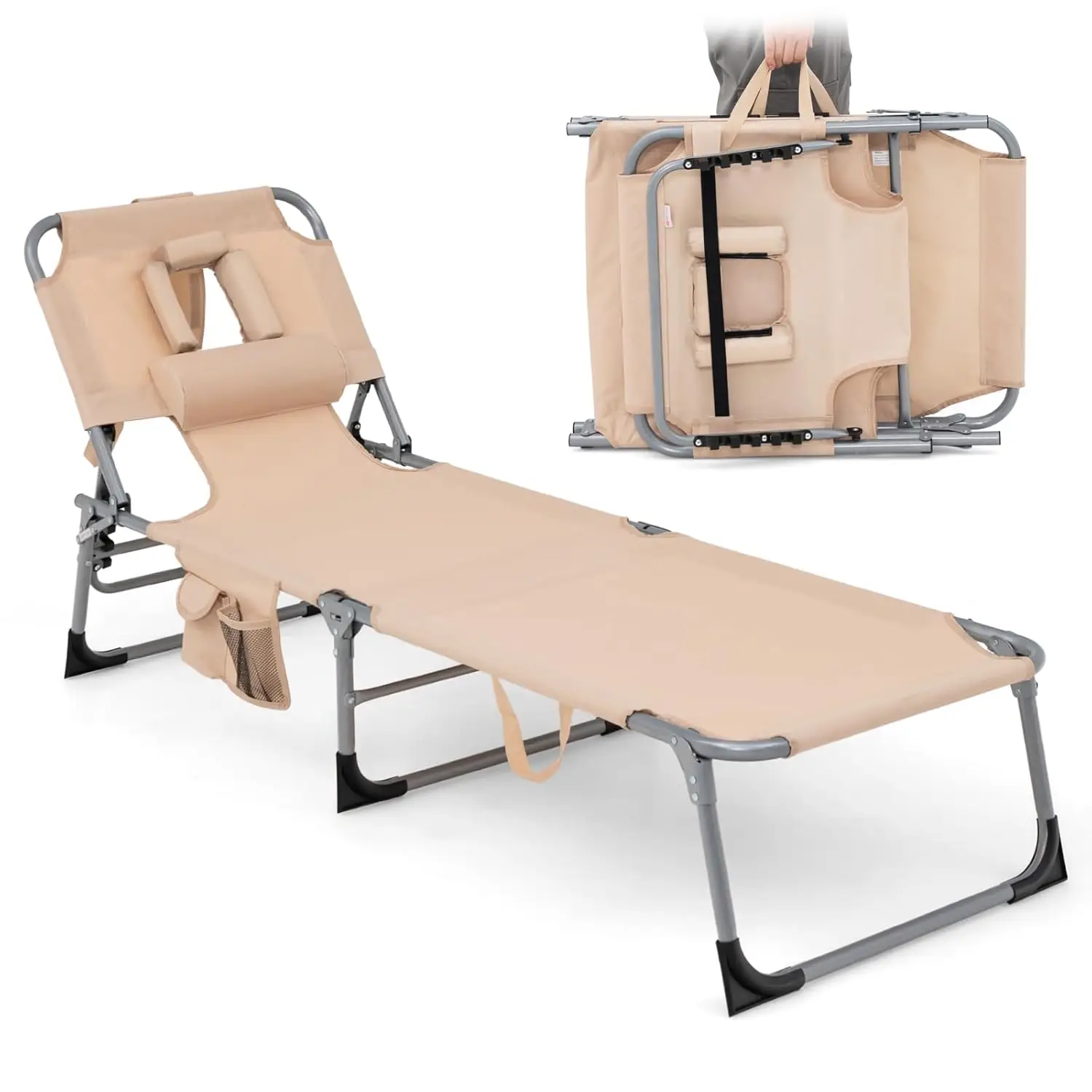 

Tanning Chair, Folding Adjustable Patio Lounge Chair with Face Hole, Removable Pillow, 330LBS, Carry Strap, Outdoor, Customized