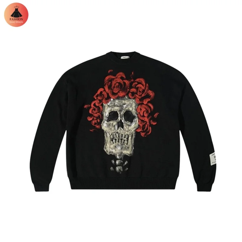 Trend Rose Skull Digital Print SAINT LOUIS Black Sweater Best Quality Hip Hop Vintage Mens Womens Wool Sweater