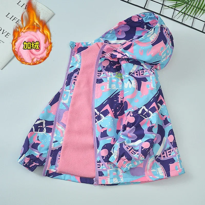 Spring Autumn Waterproof Children Hooded Cartoon Girls Jacket Warm Fleece Lined Zip Outwear School Kids Boys Outfit Top XMP99