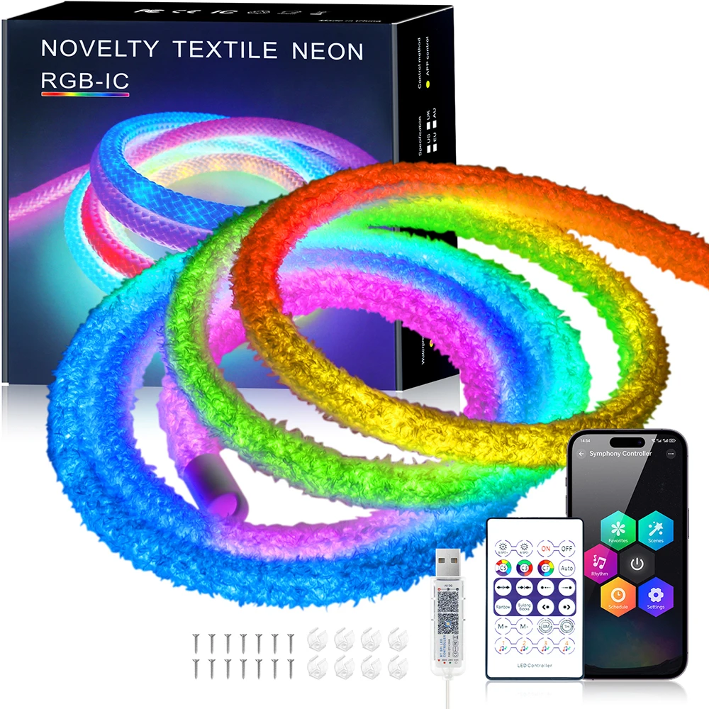 Fluffy Velvet WS2812B Addressable Neon Light 5V RGB LED Strip with 24Key IR & Bluetooth Remote Control USB Kit for Indoor Decor