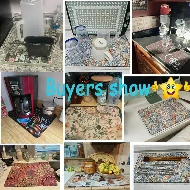 Retro Tile Pattern Absorbent Draining Mat Antiskid Quick Dry Kitchen Coffee Dish Drying Pad Farmhouse Cottage Style view 6