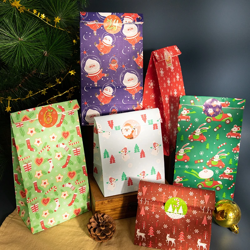 24Sets Advent Calendar Christmas Gift Bag Santa Claus Treat Bag with Clips Stickers Tags Countdown Xmas Party Wrapping Supplies