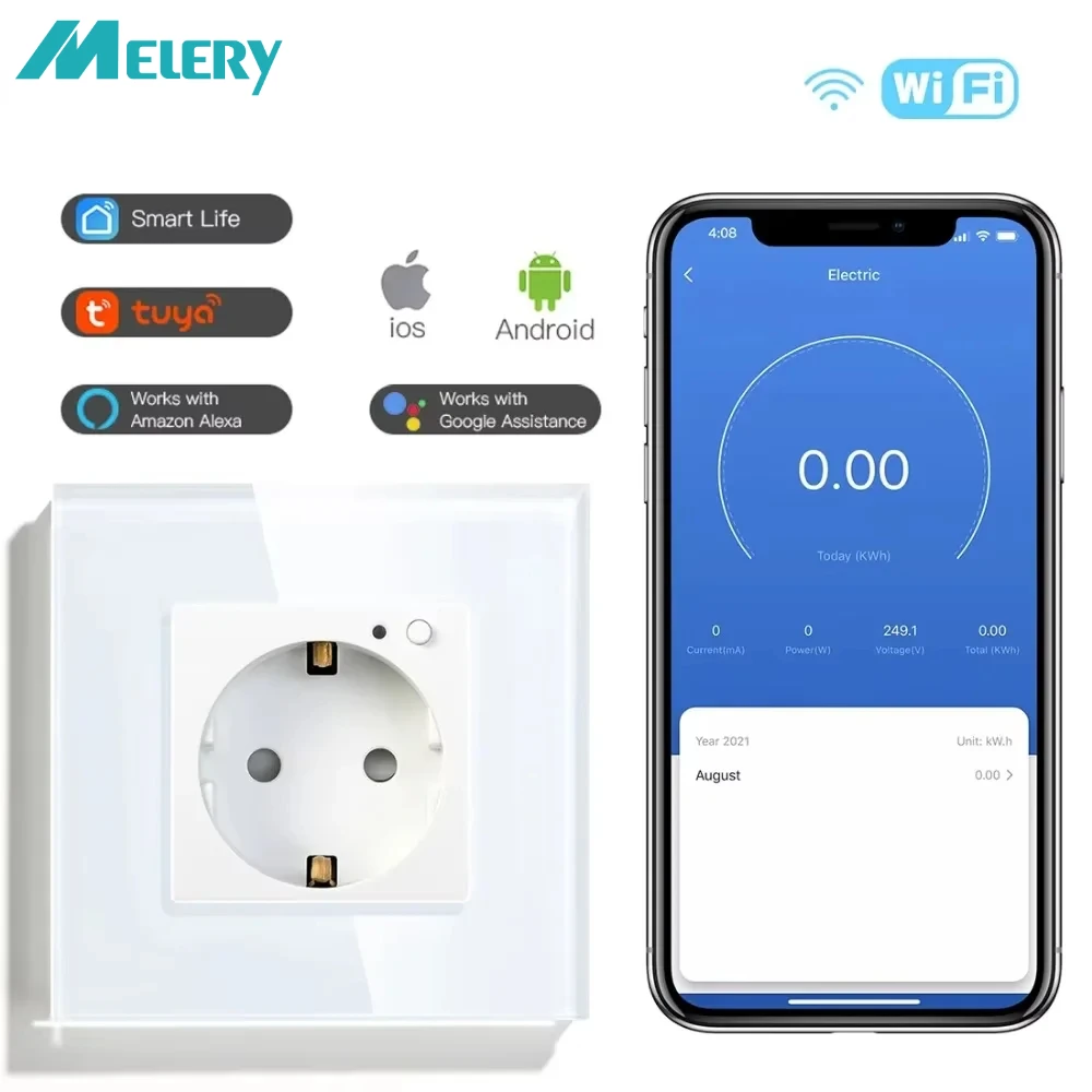 

Melery Wi-Fi Умная настенная розетка Электрическая розетка европейского стандарта 86 мм Монитор мощности Tuya APP Дистанционное беспроводное управление от Alexa Google Home