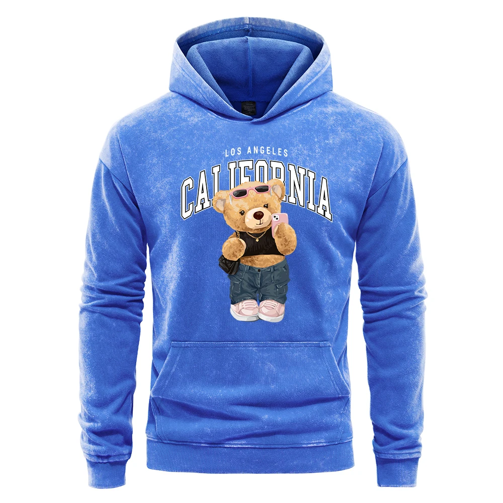 Los Angeles California Street Bear Print Men Washed Hoody Casual Cotton Hoodie Fashion Multicolor Pullover Oversize Hoodies