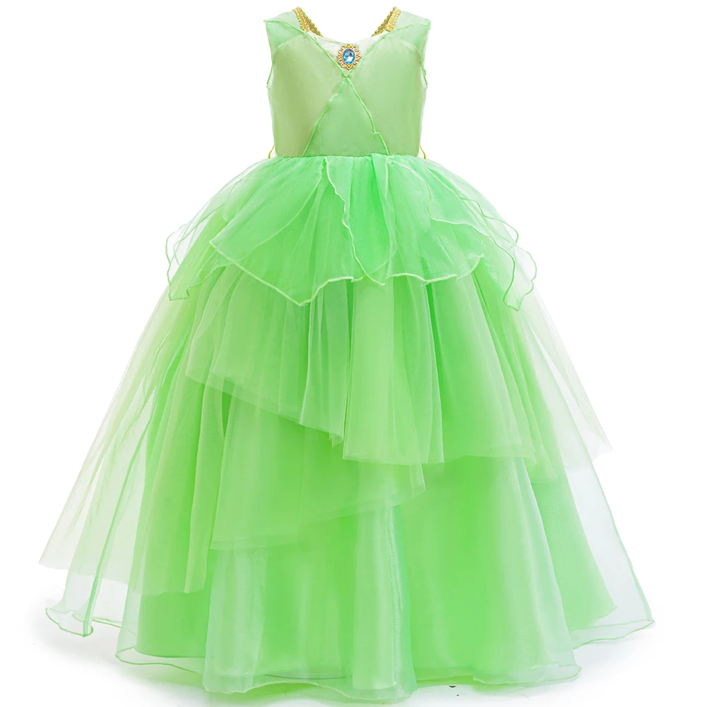 Elf Tiana ชุดคอสเพลย์สําหรับสาวเด็กเจ้าหญิง Fairy แฟนซีปีกสีเขียวชุด + Wand ฮาโลวีนวันเกิด Carnival Party Dress Up