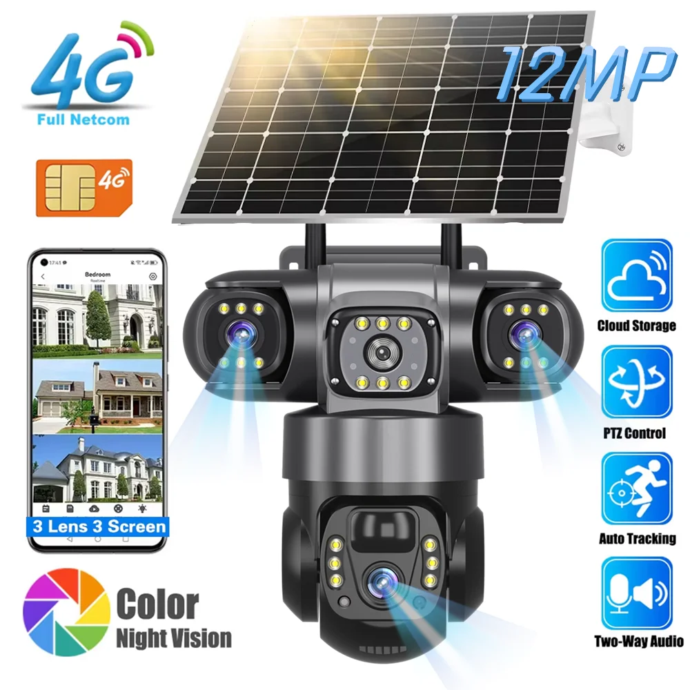 V380 Solar 4G IP Camera Outdoor 12MP 6K Triple Lenses Triple Screens Security Video Monitor Night Vision Waterproof CCTV Cameras