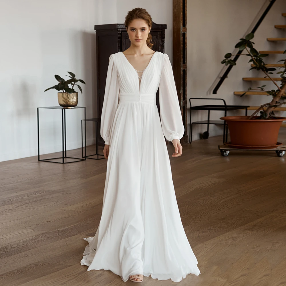 Summer Beach Wedding Dress for Women Simple Puff Sleeves V Neck Pearls Ruched Pleat Chiffon Boho Bridal Gown Vestido Noiva