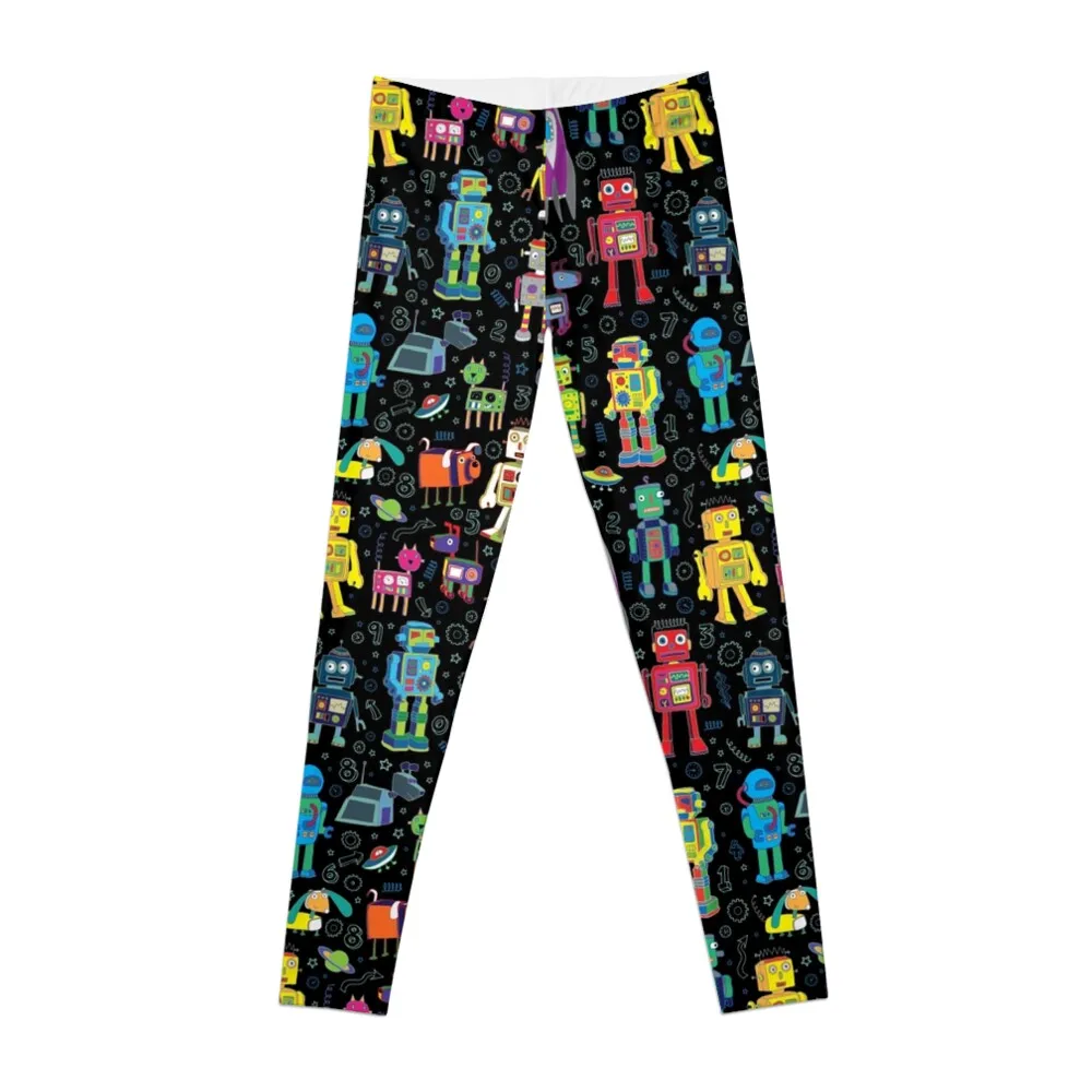 Robots in Space - black - fun pattern by Cecca Designs Leggings trousers exercise clothing for sport pants Womens Leggings