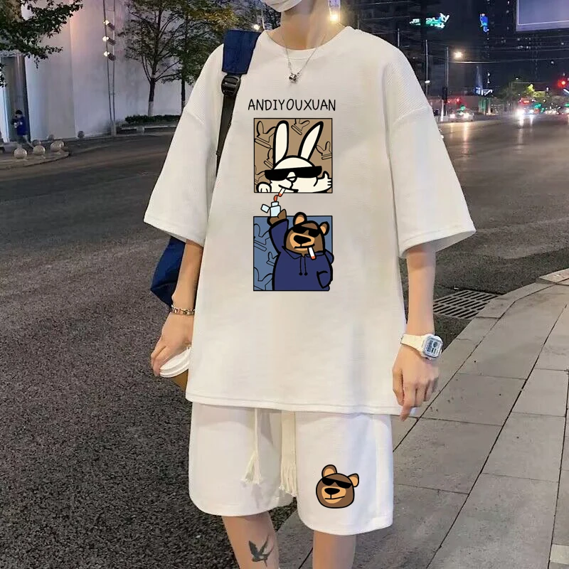 

Korean Trendy Men Cartoon Sets Oversized T-shirts Shorts 2 Piece Set Funny Loose Cartoon Printed Tracksuits M-5XL Men Clothing