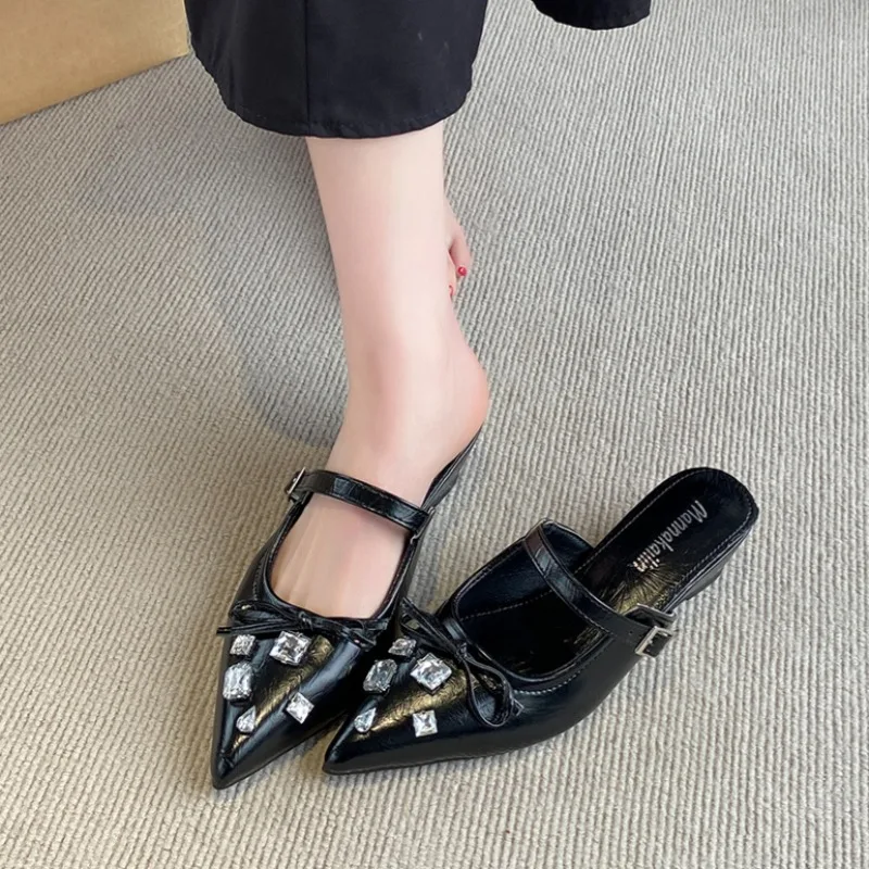 

Fashion Rhinestone Crystal Designer Wedge Heels Mules Slippers Elegant Pointed Toe Buckle Strap Shoes Women Pumps Sandals