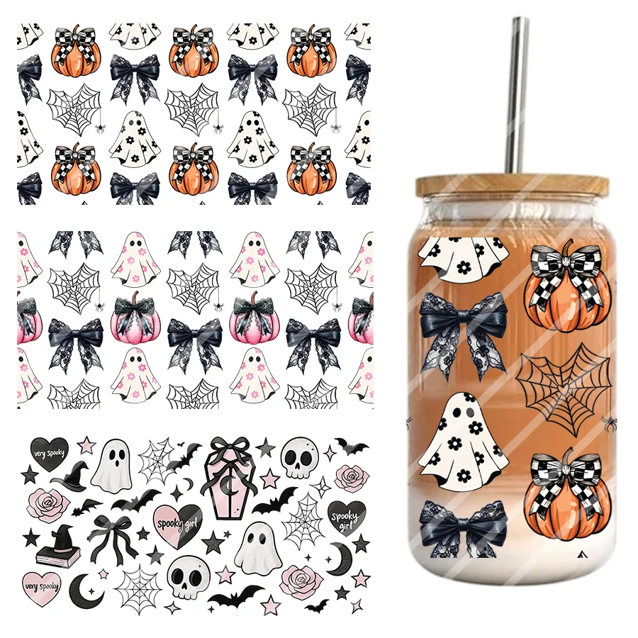 3pcs Halloween Ghost Pumpkin Spider DIY UV DTF Rub On Transfer Sticker 16oz Libbey Tumbler Glass Cup Can Wrap Coffee Mug Decor