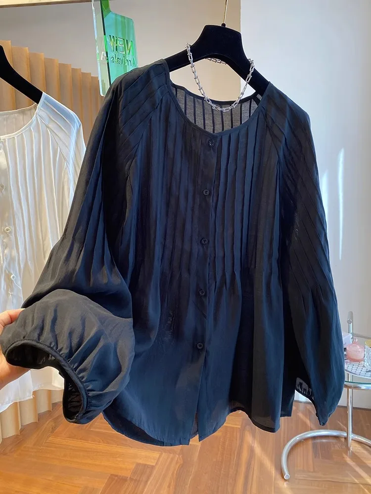 

plus Size Women's Shirt Pleated Slimming Hidden Belly Fashionable Personality High Waist Long Sleeve Button up Office Style