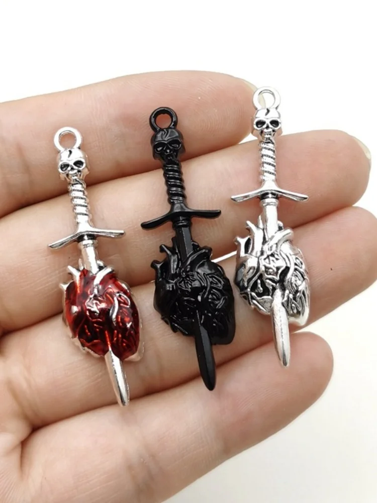 10Pcs/30Pcs Punk Gothic Skull Sword Charm Pendant Sword Piercing Heart Pendant Earring DIY Handmade Necklace Jewelry Making Acce