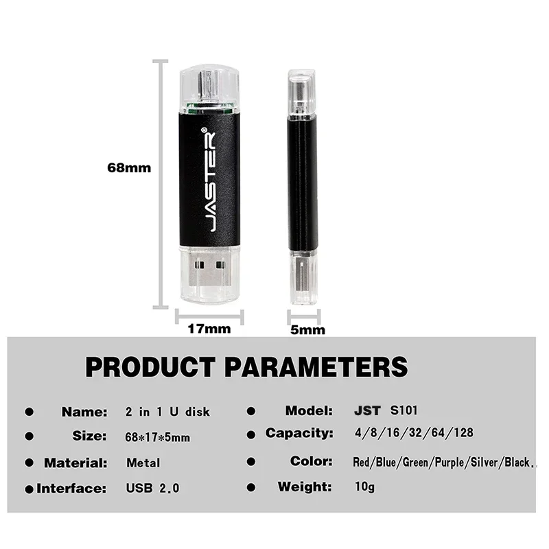 JASTER 투인원 안드로이드 펜 드라이브, USB 플래시 드라이브, 32GB, 블랙, 16GB, 무료 사용자 정의 로고 U 디스크, 사진 선물 자동차 및 TV용, 64GB