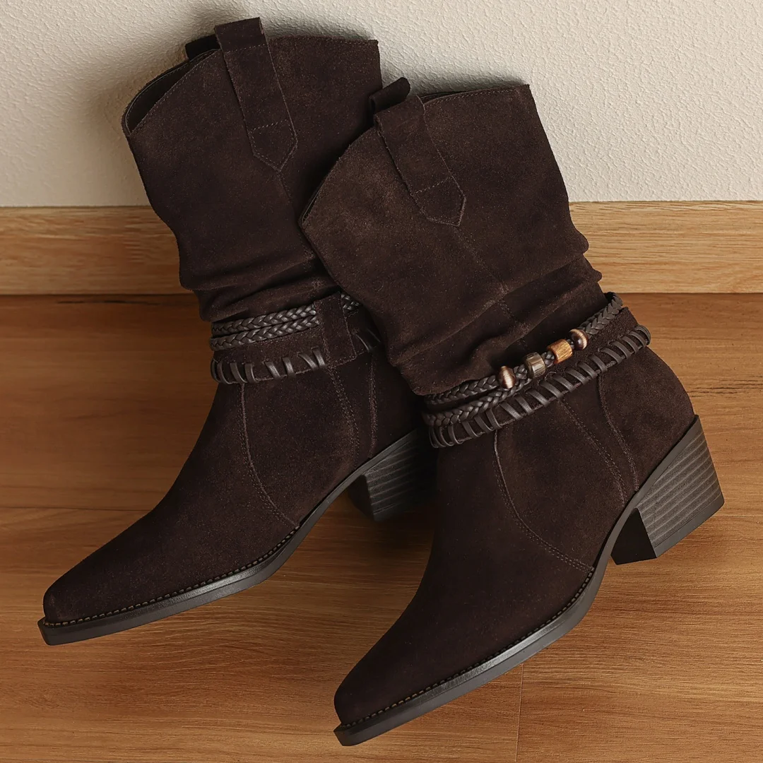 

Women's natural suede leather round toe beading decoration slip-on autumn ankle boots 4.5cm thick med heel elegant short booties