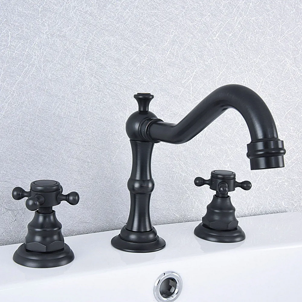 Oil Rubbed Bronze Basin Faucet Widespread Bathroom Sink Faucet 3 Hole Deck Mount Dual Handle Hot Cold Water Mixer Tap zsf539