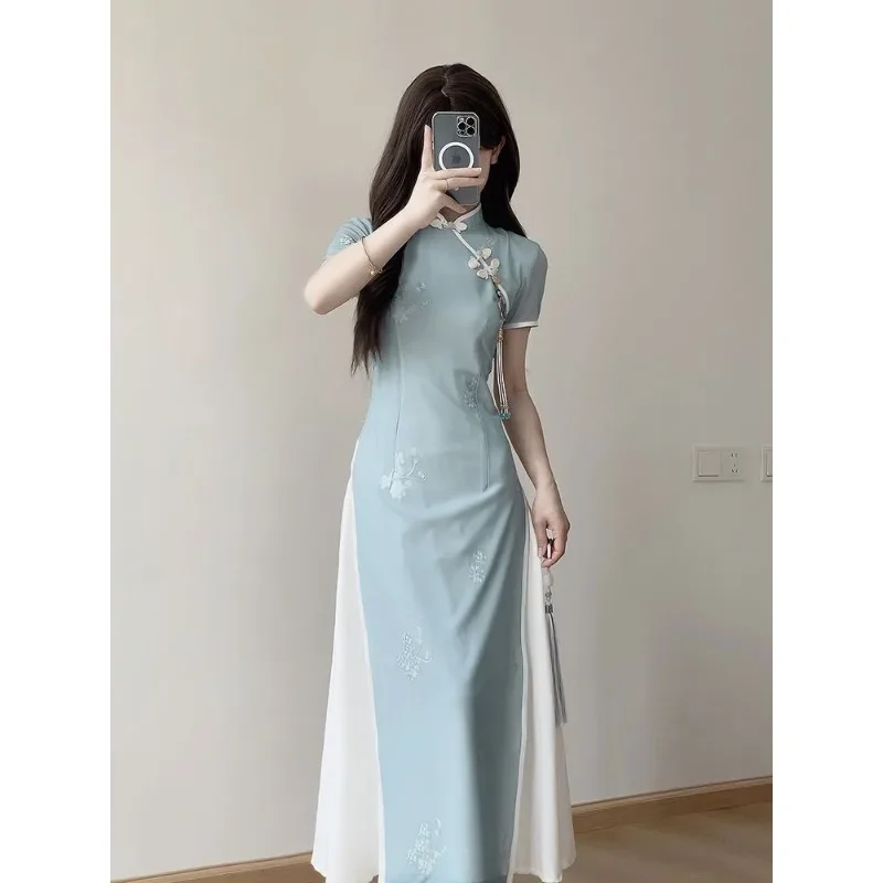 Women Summer Chinese Style Dresses Blue Stand Up Collar Short Sleeved Qipao Dress Girl Elegant Modern Cheongsam Evening Dresses