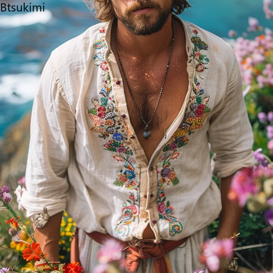 

Ethnic Style Men's Casual Long Sleeve Shirts Spring New Fashion Streetwear Stand Collar Embroidery Cardigans Vintage Men Blouses