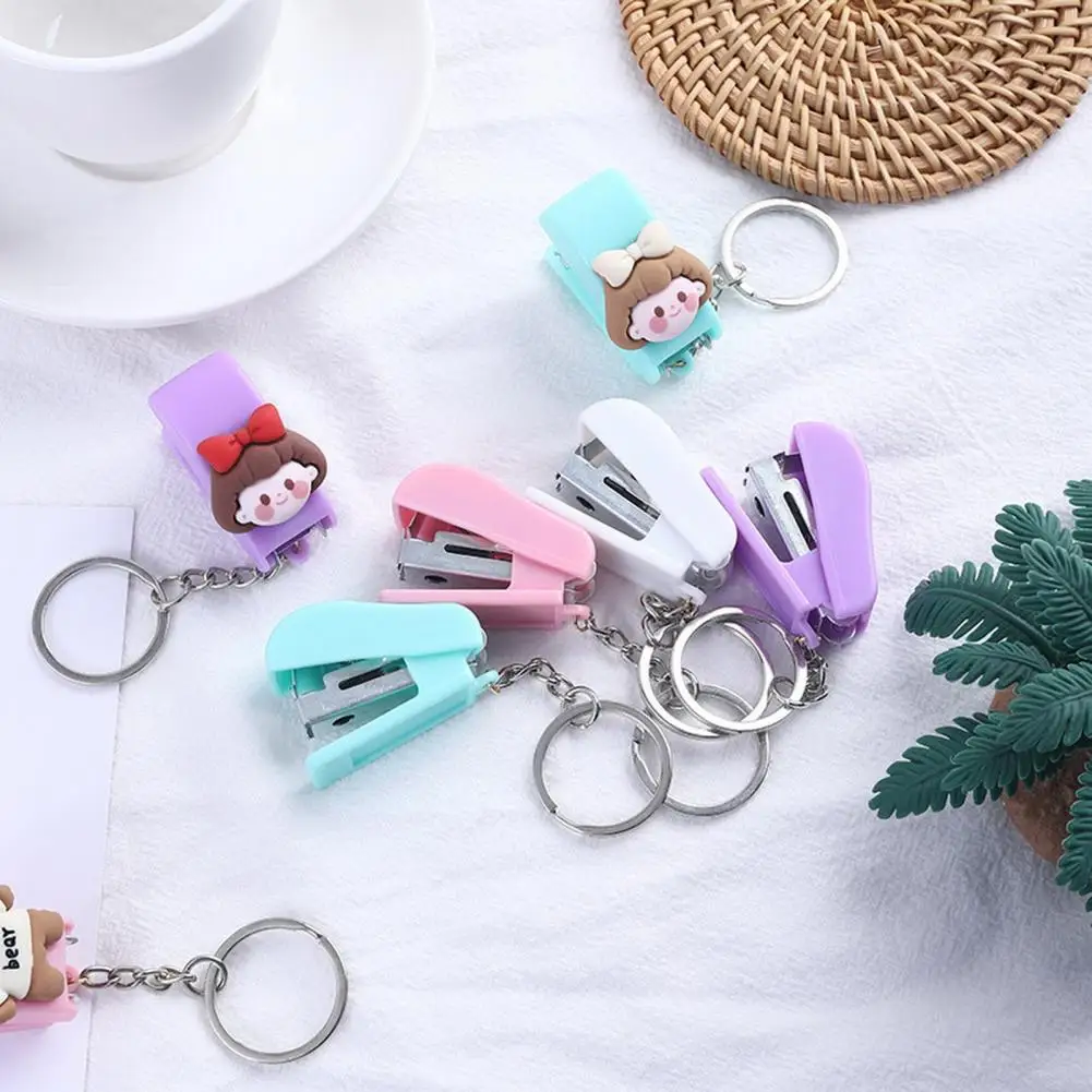 Student Stapler Macaron Color High Efficiency Quick Binding Key Chain Design Cute Cartoon Mini Stapler Machine for School