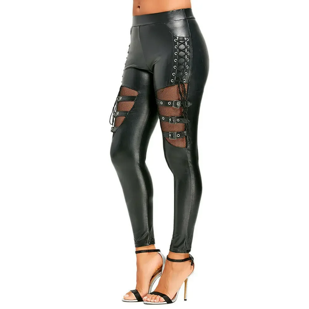 Frauen Leder Hosen WetLook Faux Leder Leggings Frauen Bleistift Hosen Seite String Aushöhlen Hosen Frauen Streetwear Clubwear