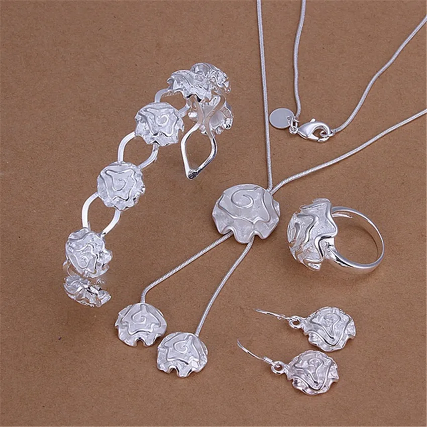 Elegant Rose Pendant Necklace Bracelet Pendant Earrings Fashion 925 Sterling Silver Charming Women's Jewelry Set Gift