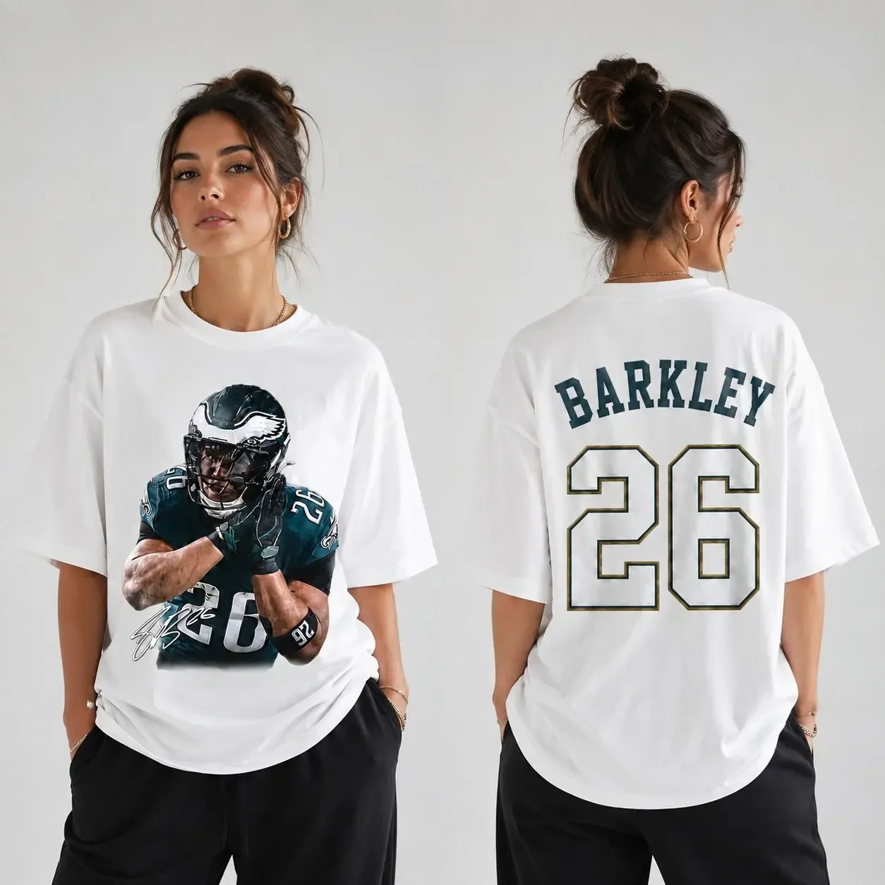 # 26 Football Front And Back Print T-Shirt, Football Player Portrait Signature Graphic White Short Sleeve Tee, Football Fan Gift