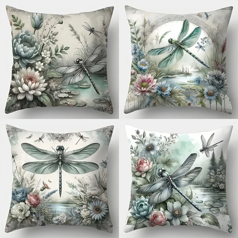 Elegant Botanical Floral Dragonfly Print Throw Pillow Covers Set Watercolor Nature Art Accent Cushions for Living Room Home Deco