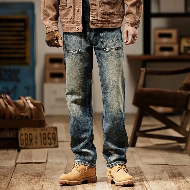 Met zakken jeans voor mannen hoge kwaliteit Y2k broek streetwear denim katoen wijde pijpen Koreaanse stijl zachte luxe man cowboybroek