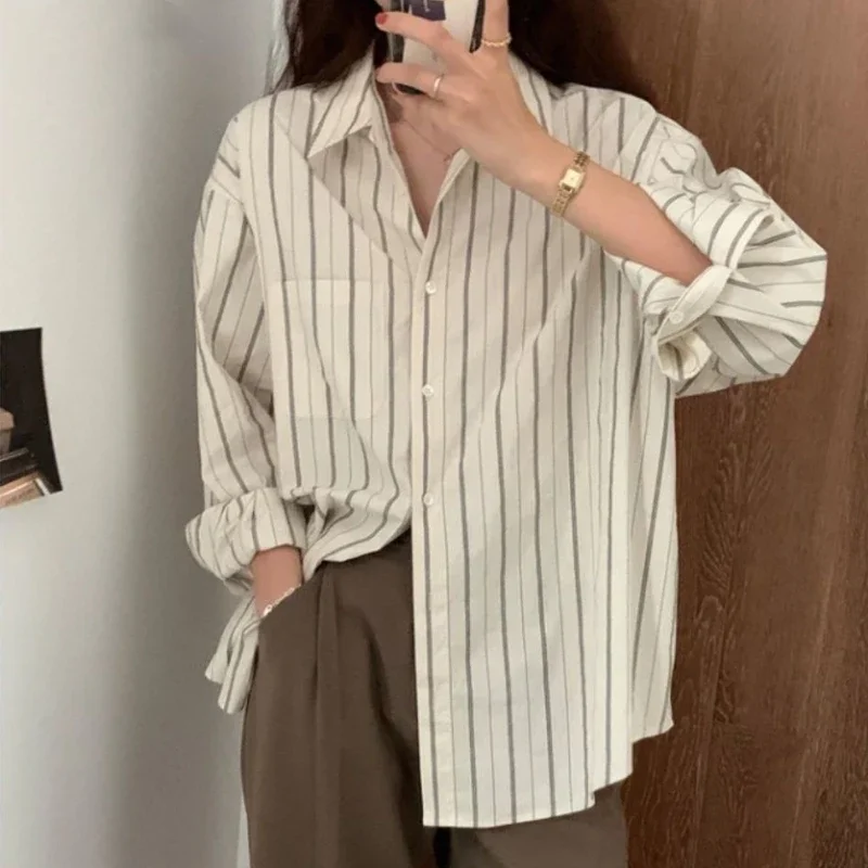 Shirts Women Spring Daily Leisure Striped Simple Single Breasted Soft Vintage Fashion Korean Style Elegant Sweet All-match Teens