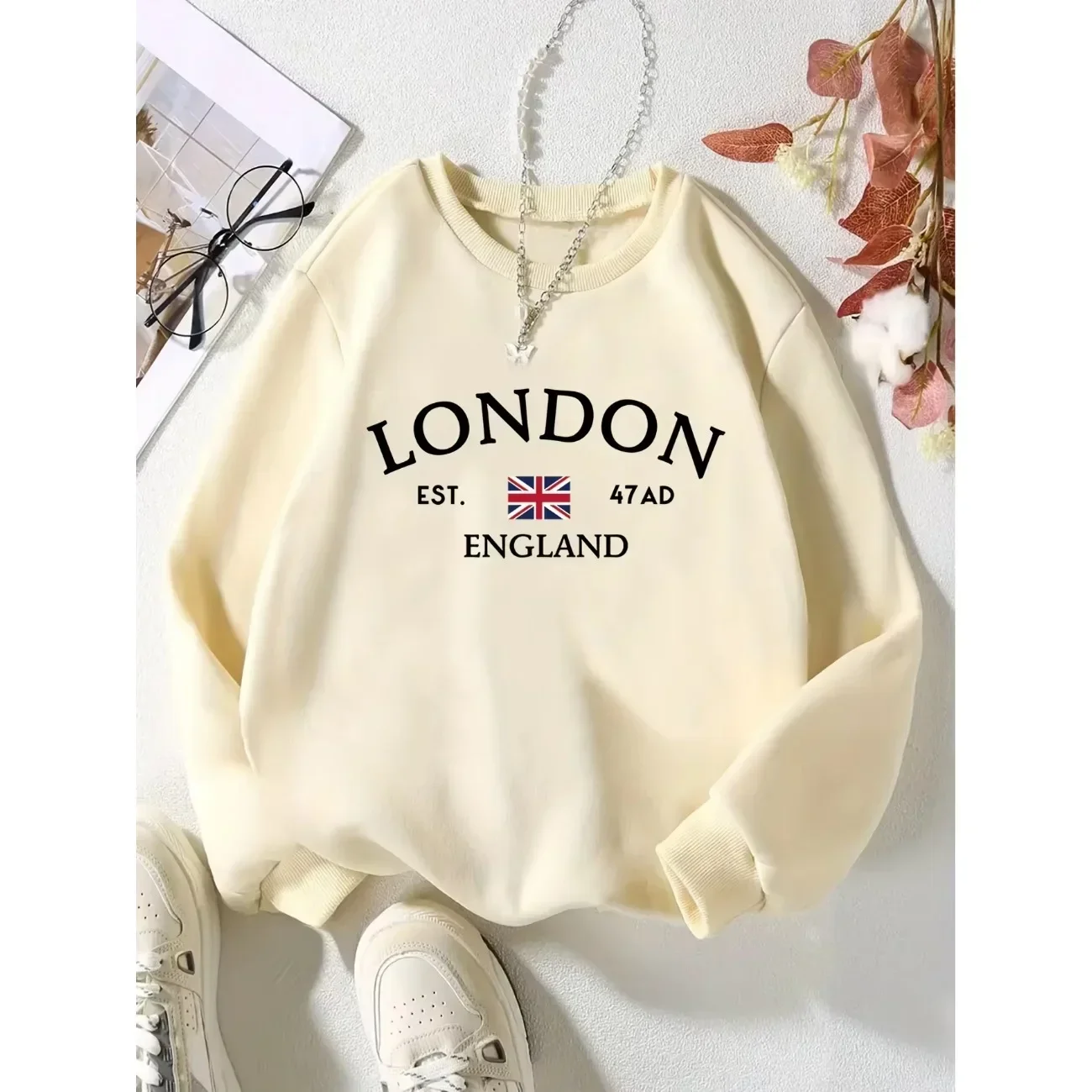 LONDON ENGLAND Design Print, Girl\'s Fashion Cozy Sweatshirt, Casual Long Sleeve Pullover Sweatshirt for Autumn and Winter Hoodie