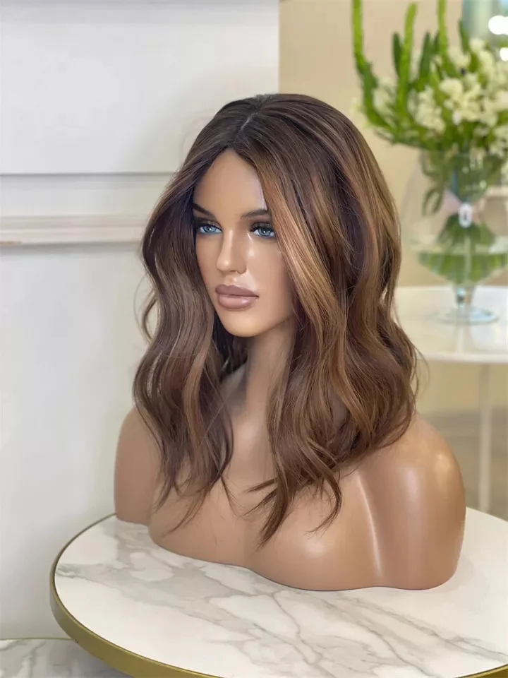 باروكات فاخرة تسليط الضوء على الكستناء البني الاصطناعية الدانتيل شعر مستعار أمامي للنساء العصرية عالية الكثافة شعر مستعار كامل موجة عميقة ألياف سمراء #3