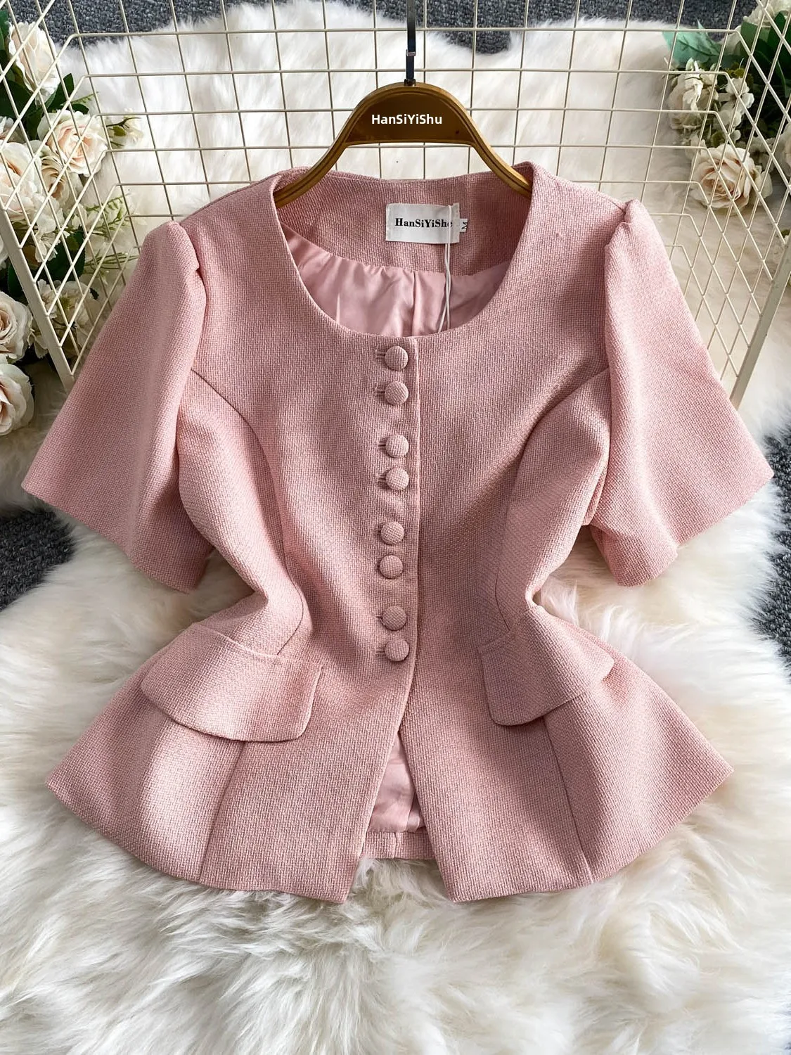 Slimming Effectiveness Luxury Style Short Sleeve Coats Women's Loose Fit round Neck Outerwear Single Button Fastening New 2026