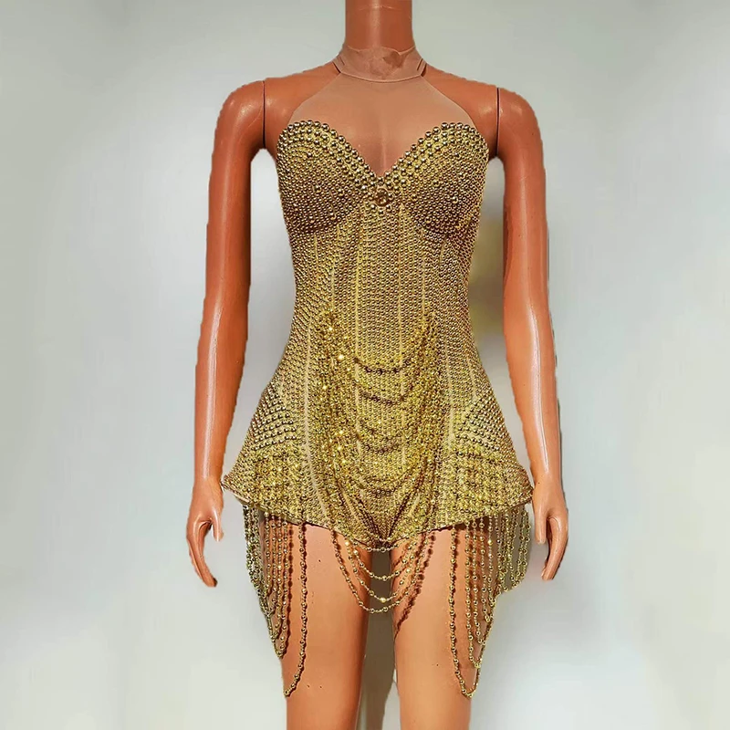 Złoty Kombinezon Halter Piosenkarka Showgirls Strój Występowy Dj Ds Impreza Pokazowy Kostium Klub Nocny Taniec Brokatowy Rave Kostium yk