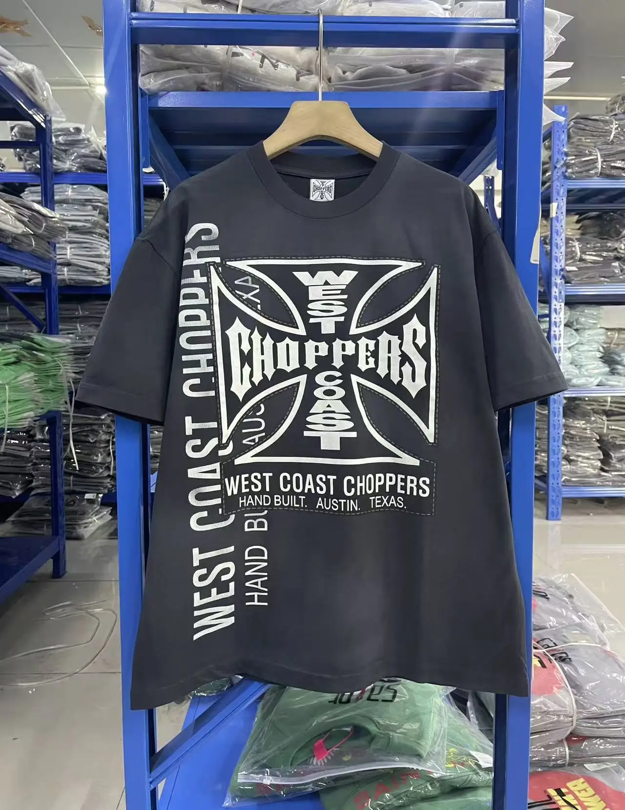 West Coast Choppers 26SS Custom-made navy blue water-washed short-sleeved T-shirt by West Coast Modellers